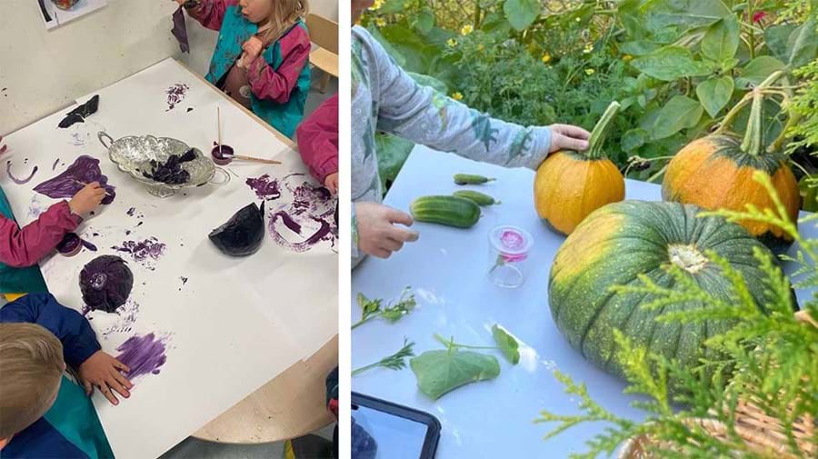 Nyfikna barn som utforskar olika grönsaker